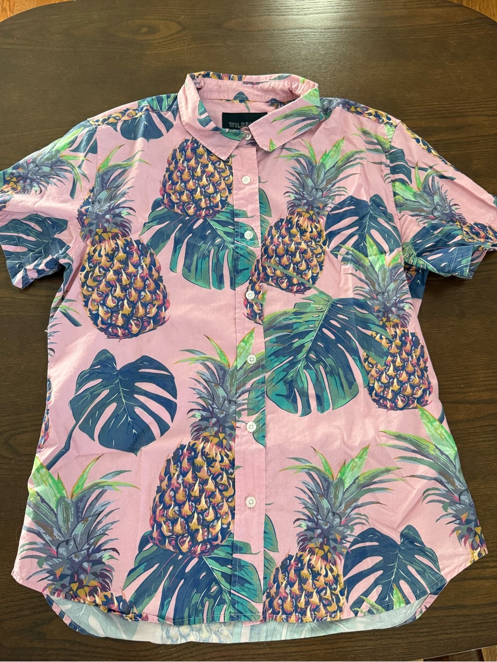 Wildfang Pink Pineapple Print Short Sleeve Button-Down Shirt